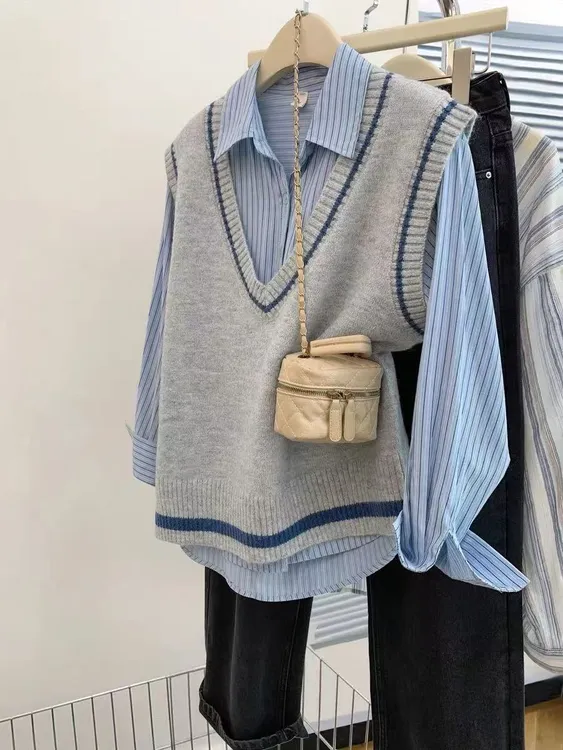 2025春装新款叠穿灰色学院风百搭针织衫马甲无袖坎肩马夹女装上衣