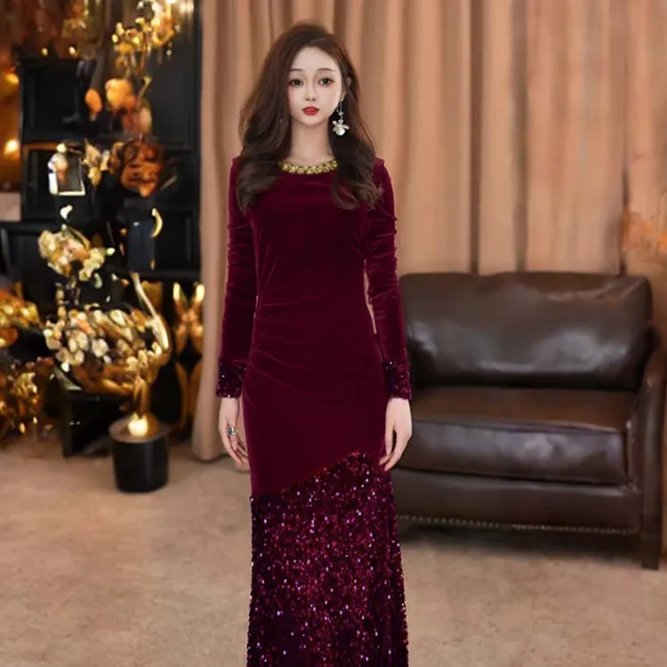 【有里布】优雅法式长裙丝绒连衣裙秋冬裙收腰百搭裙子JT0318