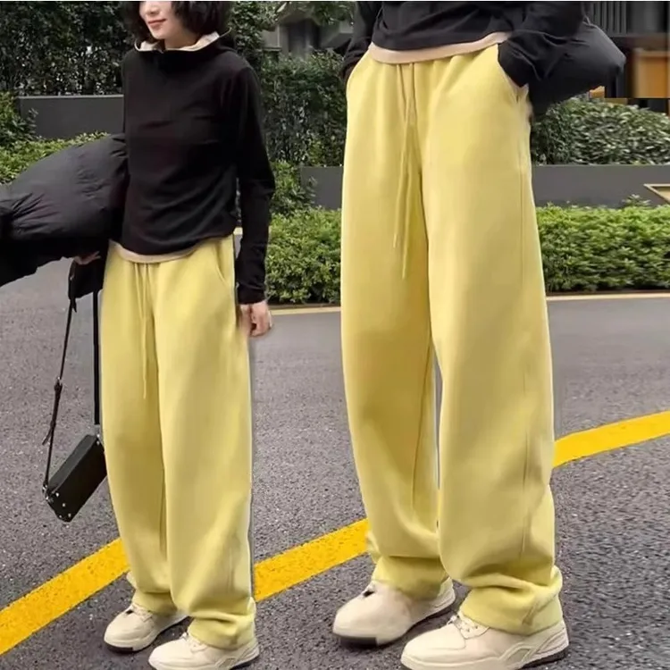 芊芊芙2025春秋新款宽松显瘦休闲运动加绒阔腿裤高腰直筒加厚卫裤