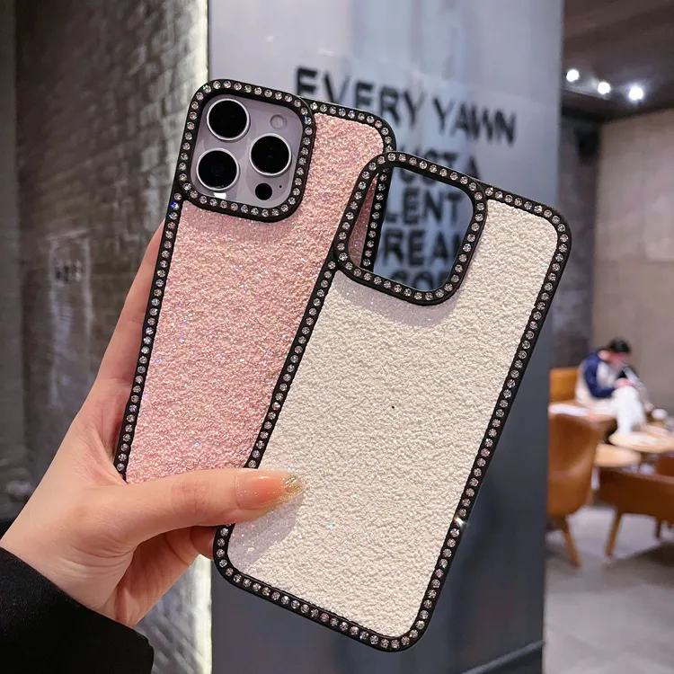 高级感潮牌镶钻闪粉亮皮适用苹果16promax手机壳15pro/14全包防摔