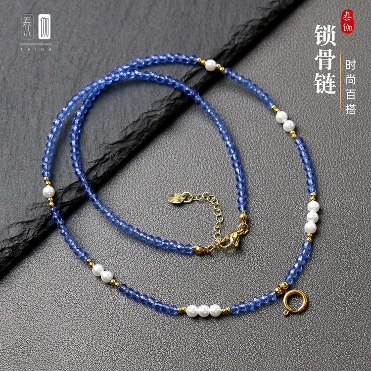 钛钢仿水晶吊坠 冰蓝刻面珠珍珠锁骨链小佛牌链子迷你唐卡链超闪