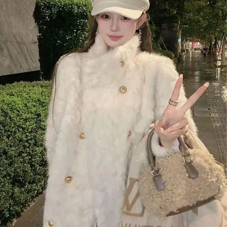 2025新款小立领花狐时尚百搭高级气质设计师冬装长款加厚毛毛外套