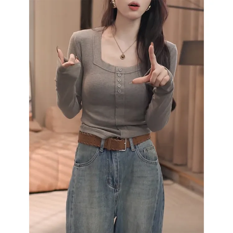 美式正肩u领通勤上衣女2026春秋季新款显瘦内搭别致漂亮T恤打底衫