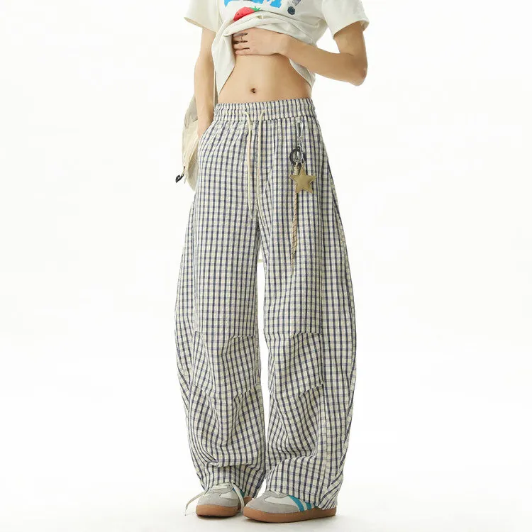 小众设计感星星挂饰裤子夏季蓝色格子直筒裤男垂感慵懒休闲阔腿裤