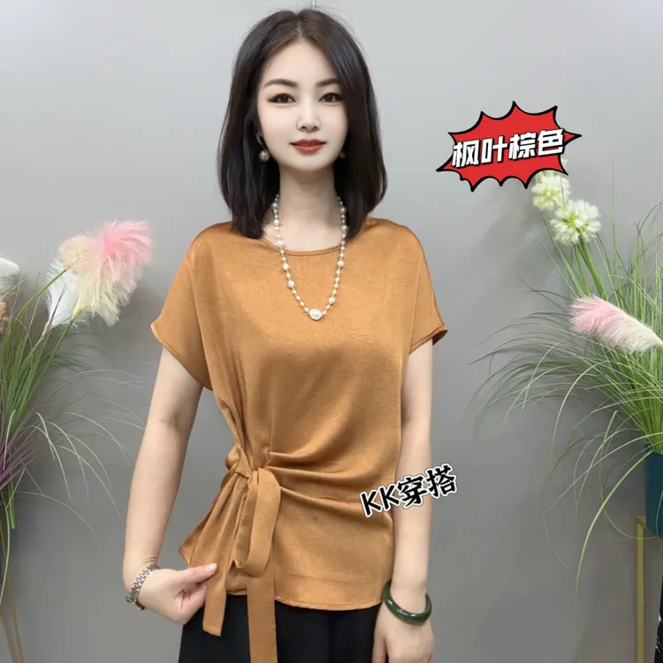 【KK】2025夏季新款时尚设计感飘带圆领短袖遮肉显瘦衬衫AS8955