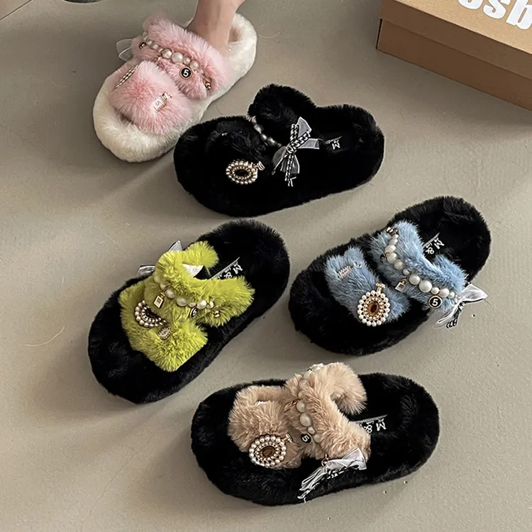 仙女风精美珍珠扣毛毛拖鞋女款外穿秋冬2025新款时尚高级感棉拖鞋
