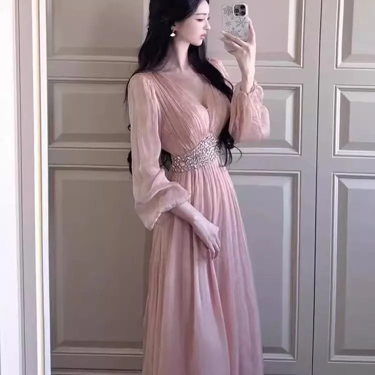 显瘦气质仙女小众长款粉色法式轻奢仙气收腰夏季女裙 法式拼接领