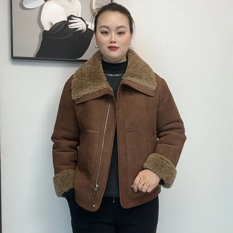 170#冬季新款加绒加厚翻领短款休闲洋气显瘦女士羊羔绒保暖短外套