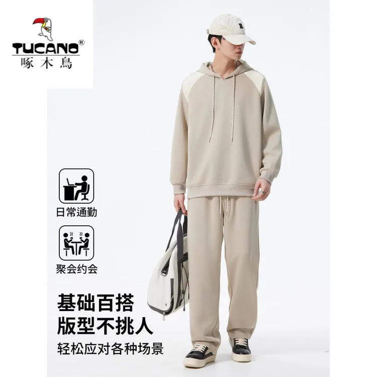 啄木鸟春秋卫衣男士连帽高级感套装潮牌一整套运动服工作宽松弹力