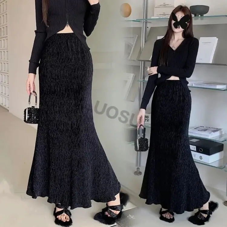 高级感金丝绒鱼尾半身裙女早春大码性感包臀高腰显瘦垂感a字长裙