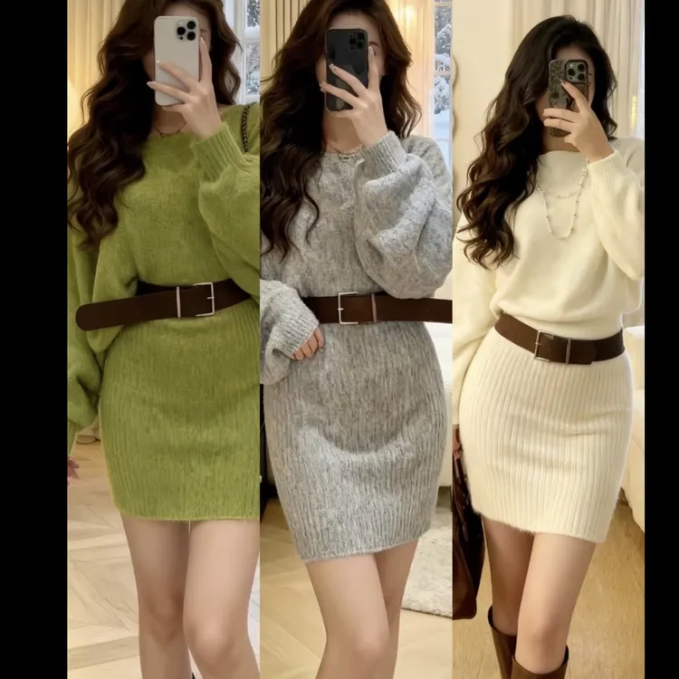 Rayhon秋季斜肩长袖包臀连衣裙营造秋日氛围感