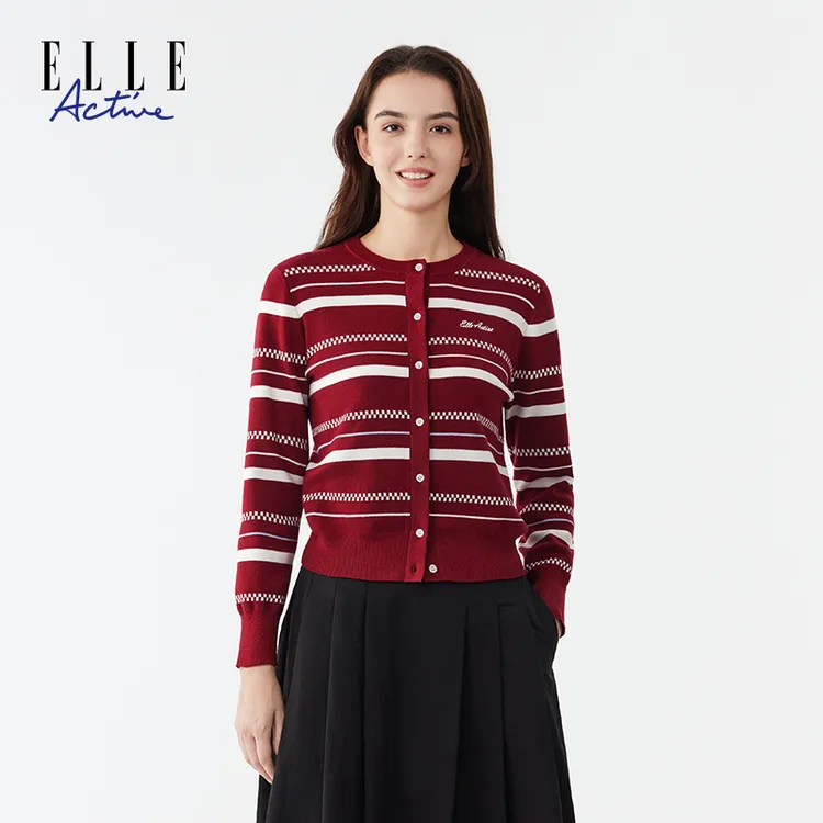 ELLE Active【含绵羊毛】经典条纹针织开衫百搭保暖休闲女上衣长袖