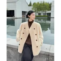 阿琳ALIN【半胧】西班牙米诺羔羊皮毛一体外套女可双面穿V领皮草冬