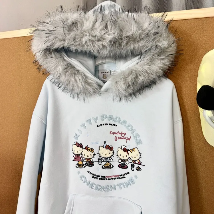 重工刺绣韩版毛领带帽加绒休闲卫衣宽松时尚女加厚慵懒风长袖卡通