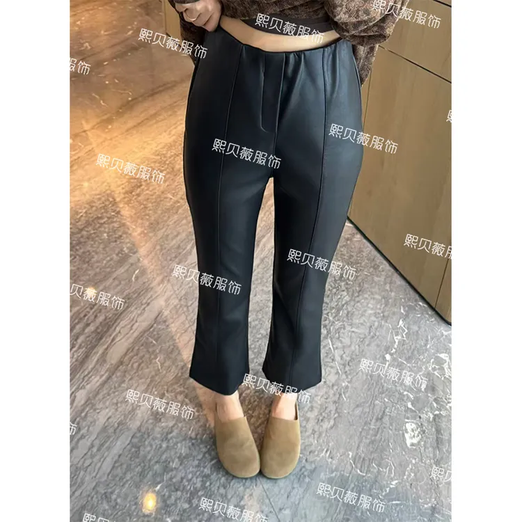 熙贝薇6【简约女主 】秋季松紧腰显瘦百搭高腰九分微喇pu皮裤 G5213
