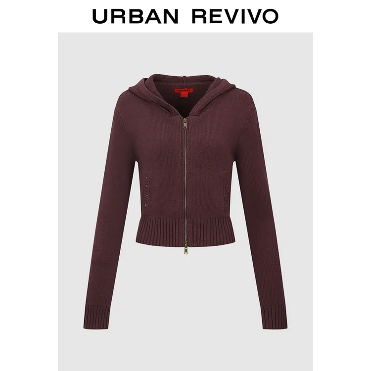 UR2025冬季新款女装潮流连帽铆钉插袋短款针织开衫UYV950096