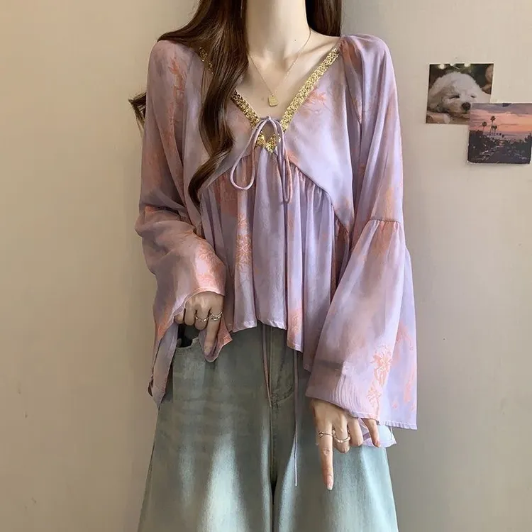 温柔清冷韩系千金氛围感春秋季上衣显瘦韩版薄款碎花宽松雪纺衬衫