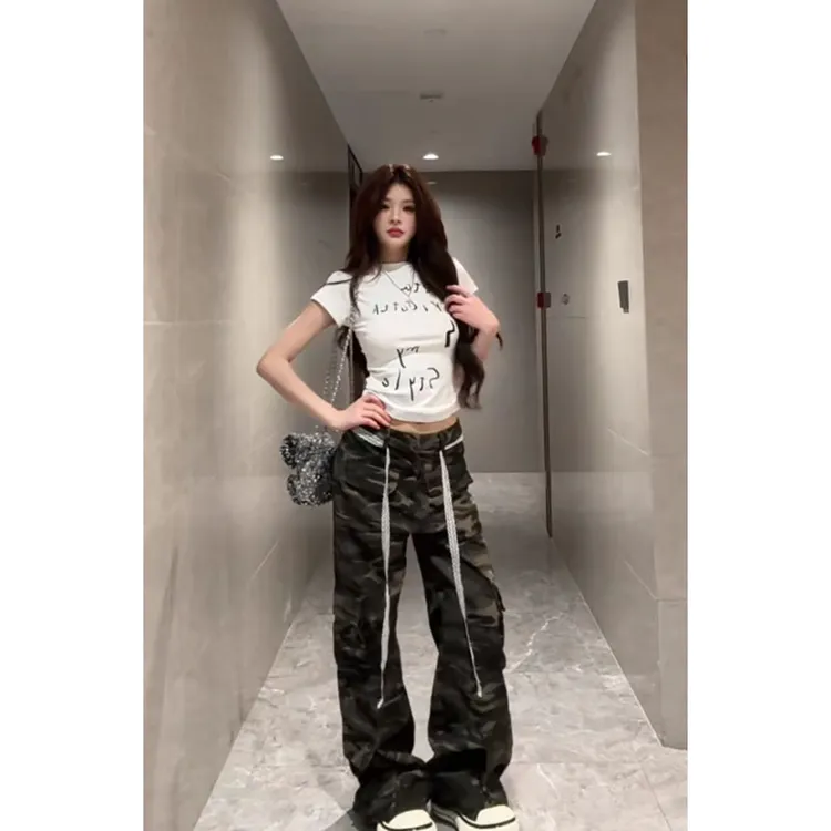 2025夏季新款辣妹时尚复古修身短袖上衣高腰直筒百搭迷彩休闲长裤