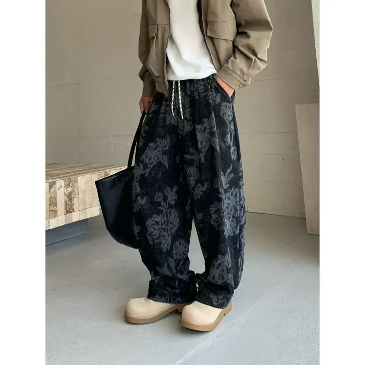 秋季新款时尚潮流百搭提花工艺韩版宽松舒适垂感弯刀休闲裤5817