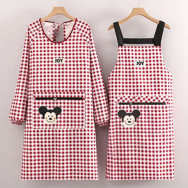 厨房做饭专用防水防油背带围裙时尚卡通男女同款拉链口袋长袖罩衣