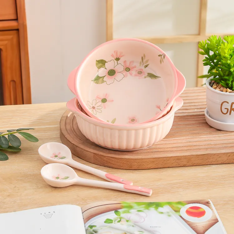 珊瑚海系列清新可爱高颜值家用陶瓷餐具7.5英寸双耳直纹碗面碗