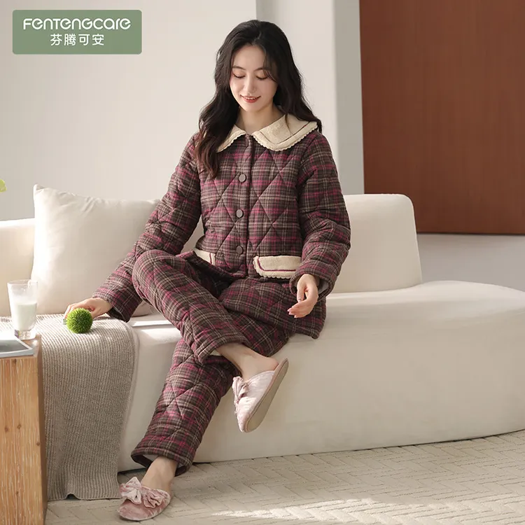 芬腾可安梭织纯棉夹棉袄睡衣女冬款三层加厚格子女士保暖家居服秋