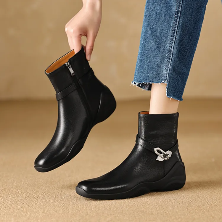 高端羊皮小短靴复古美拉德女靴子百搭金属扣法式瘦瘦靴真皮手工鞋