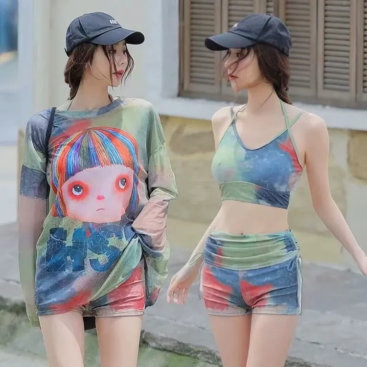 泳衣女2025新款微胖女孩遮肚分体保守显瘦防晒罩衫温泉学生三件套