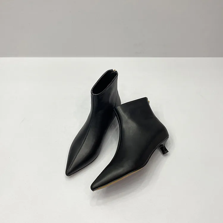 【跟高3.5CM】胎牛版 气质真皮尖头短靴女低跟时尚瘦瘦靴百搭裸靴