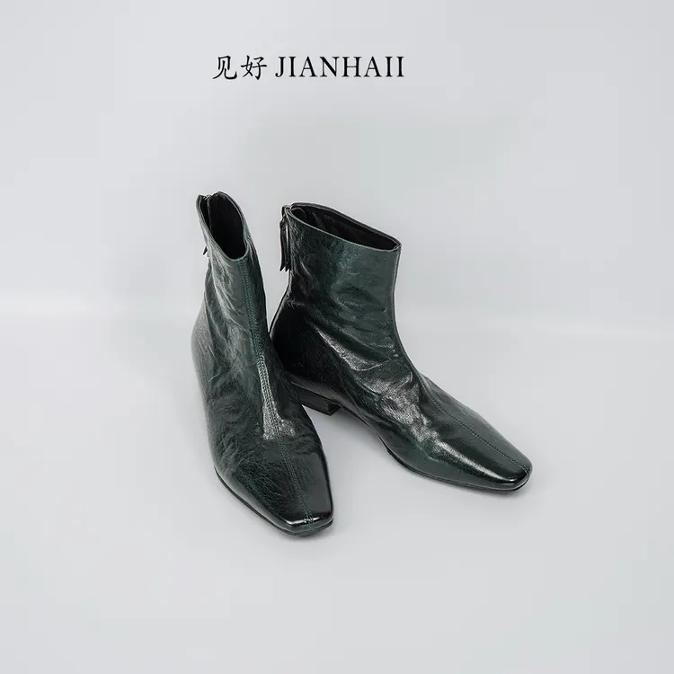 【宣染丨法式极简】3公分马皮极简复古褶皱手抓纹及踝瘦瘦靴1634