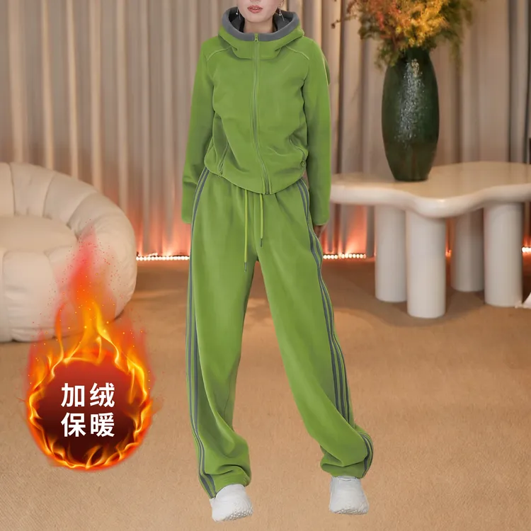 冬季摇粒绒时尚两件套女设计感撞色2025新款保暖连帽拉链卫衣外套