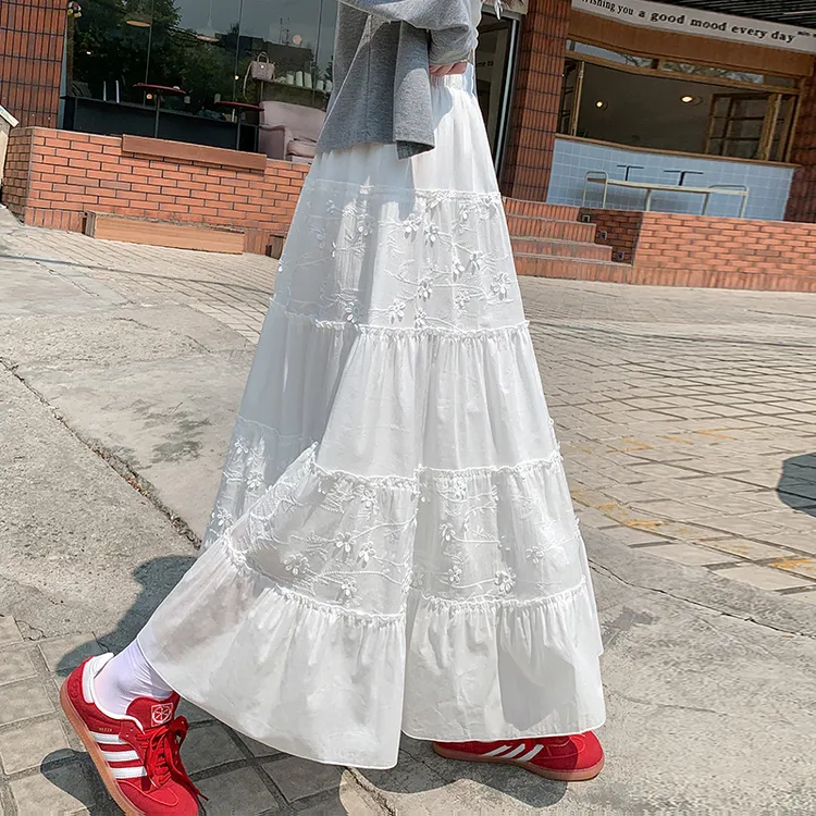 白色半身裙女2025春夏显瘦蕾丝拼接A字蛋糕中长裙大摆伞裙