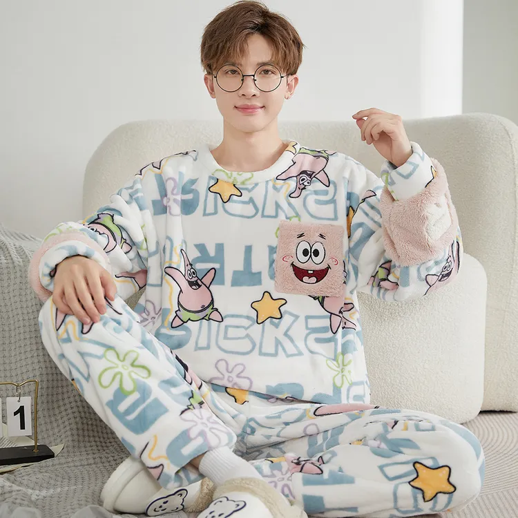 新款男士睡衣秋冬家加厚加绒法兰绒青少年卡通珊瑚绒家居服套装冬
