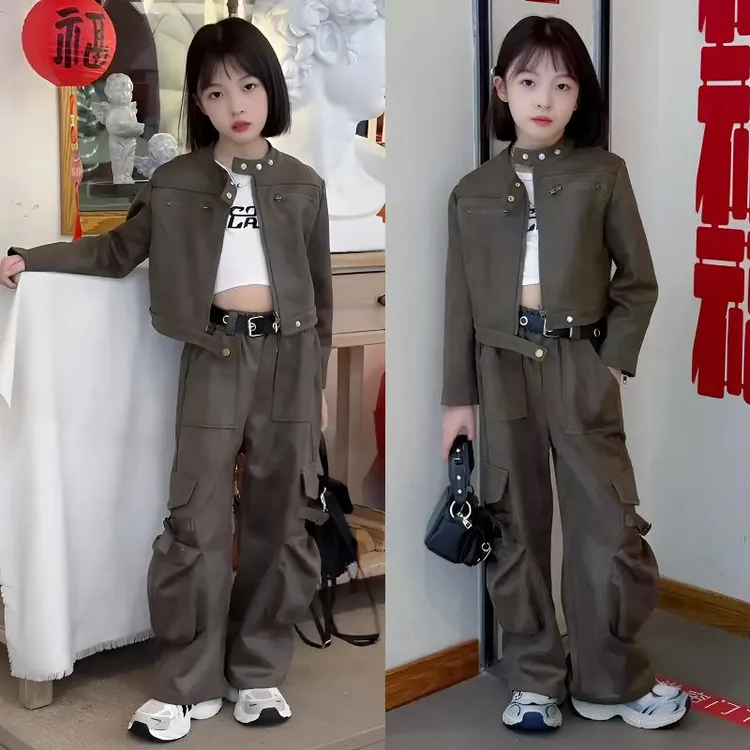 女童春季工装套装2025新款大童美式复古炸街短款机车服时尚两件套