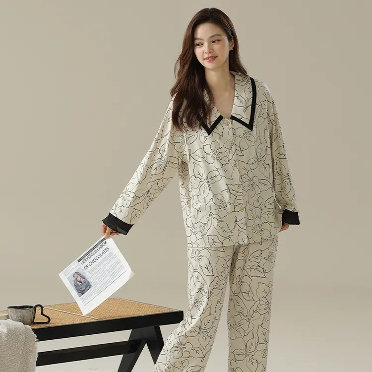 柔美蕾丝大翻领女士家居长袖套装舒适春秋休闲薄款