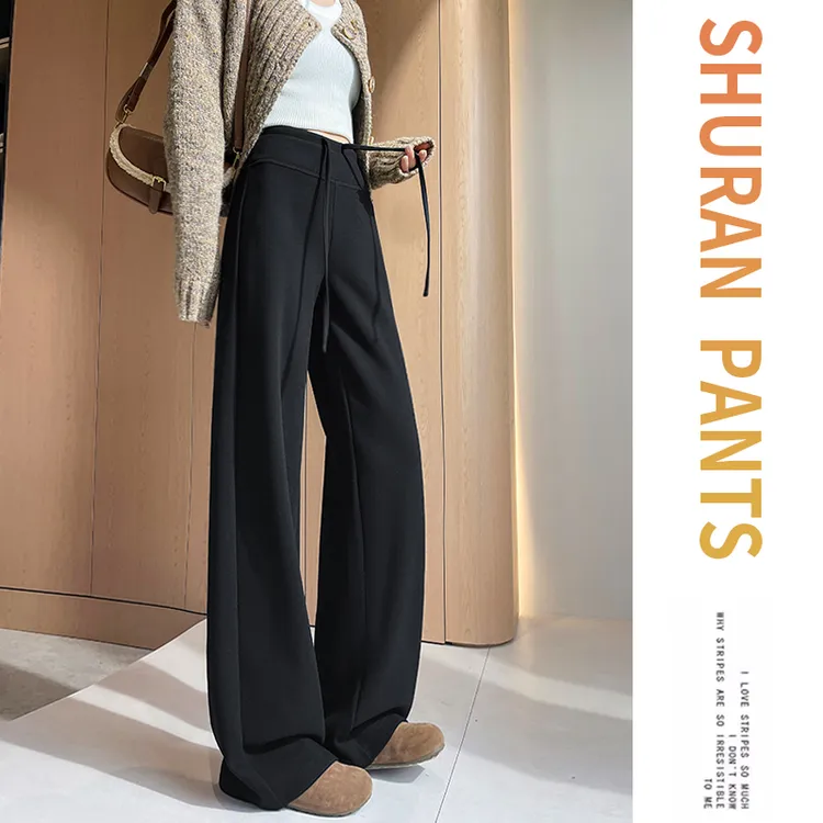 黑色醋酸羊毛糯米裤女2025秋冬休闲高腰运动加绒加厚窄版阔腿裤子