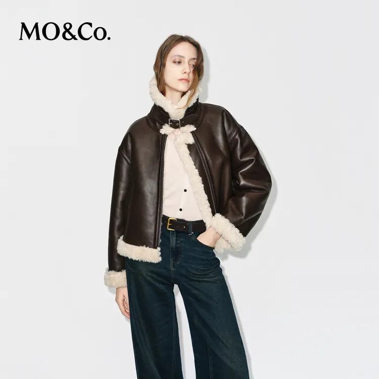 MOCO外套2025冬新品机车风素皮毛领皮袢扣立领夹克短款MBE4COTT27