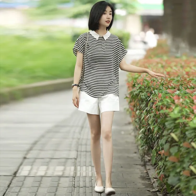新款雪纺条纹衬衫夏季时尚套装女2025新款宽松显瘦短袖上衣短裤两
