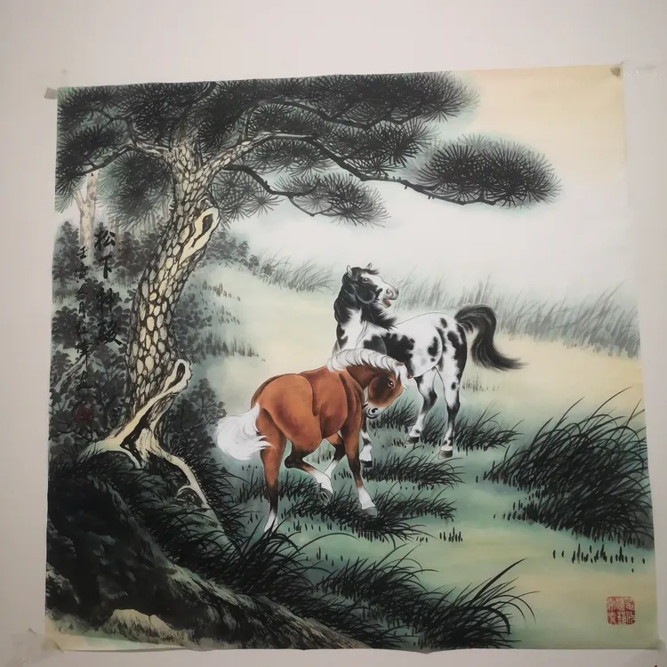 宣纸国画作品工笔马松下神骏适合玄关书房客厅悬挂双骏图挂画