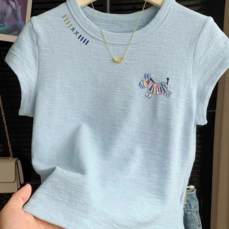 蓝色彩虹小马T恤女2025夏季新款超好看的大码小个子正肩短袖上衣