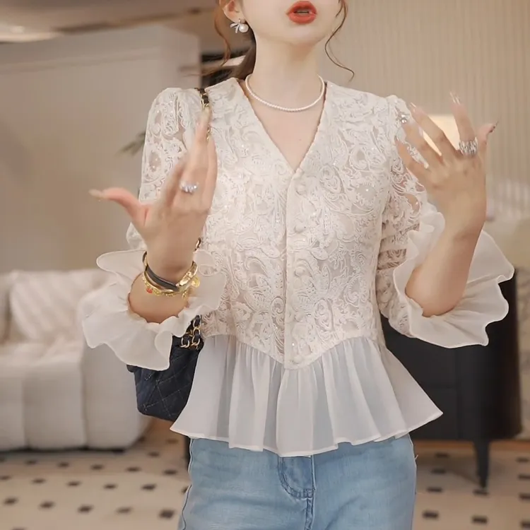 灿星锦衣~亮片蕾丝衬衫女设计感修身显瘦上衣LK2502609