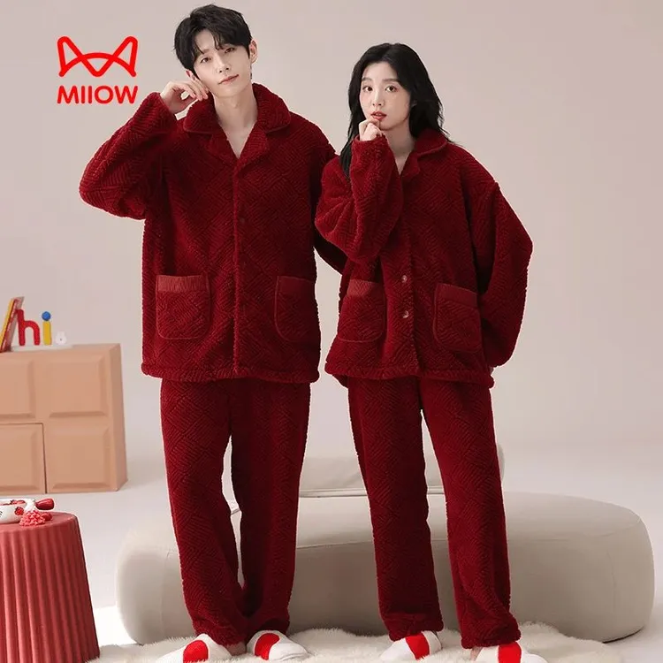 猫人情侣睡衣秋冬季珊瑚绒新年喜庆大红法兰绒本命年马年家居服