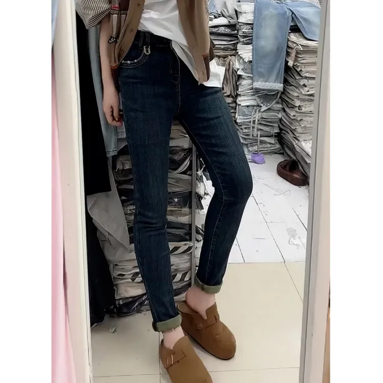 2025秋季蓝色新款百搭牛仔裤女铅笔小脚卷边高腰显瘦小个子牛仔裤
