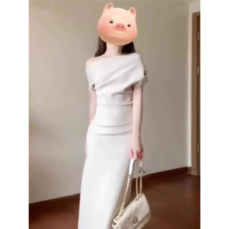 2025新款开春韩系穿搭斜肩荡领连衣裙子女春夏季气质修身包睡裙女