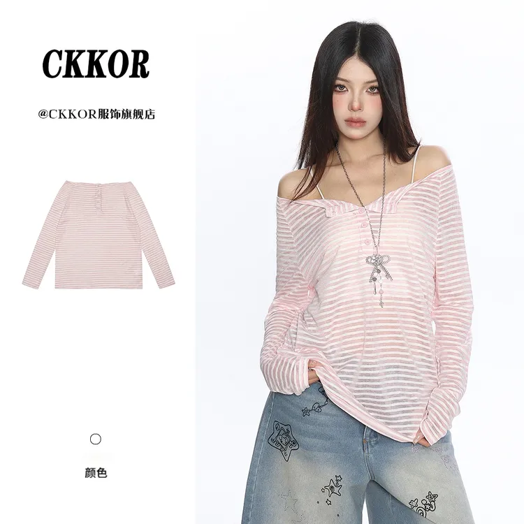 CKKOR韩系简约条纹撞色露肩长袖t恤女松弛感宽松显瘦百搭防晒罩衫