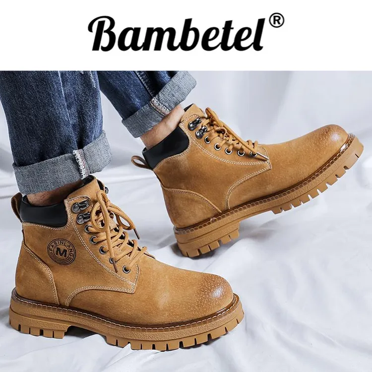 Bambetel软皮马丁靴男款新款大黄靴秋冬季加绒英伦风中帮真皮