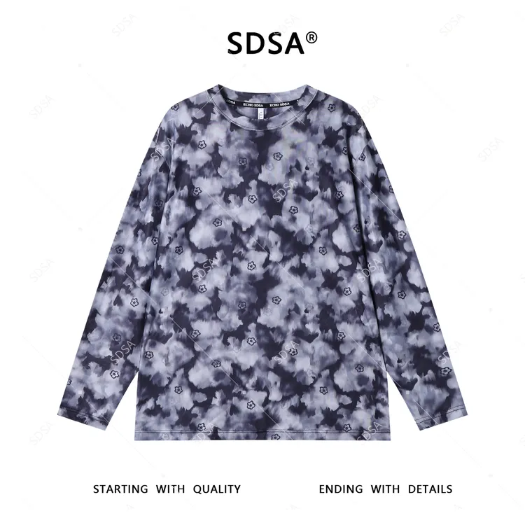 SDSA夏季新款男士痞帅扎染水墨花朵图案设计圆领长袖T恤舒适休闲