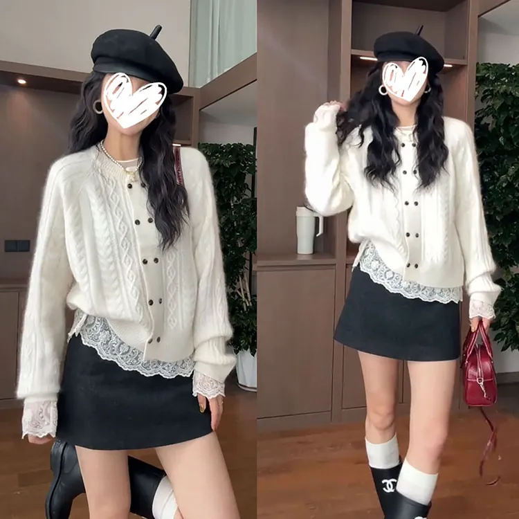 温柔风圆领麻花针织开衫蕾丝内搭上衣女秋冬新款修身显瘦短裙套装