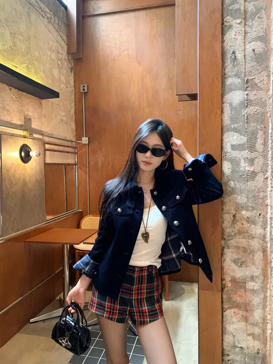 复古长袖灯芯绒夹克外套女2025秋季新款气质显瘦拼接格纹开衫上衣