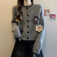 2025春秋新款小个子花朵毛衣针织衫女短款开衫设计感宽松上衣外套